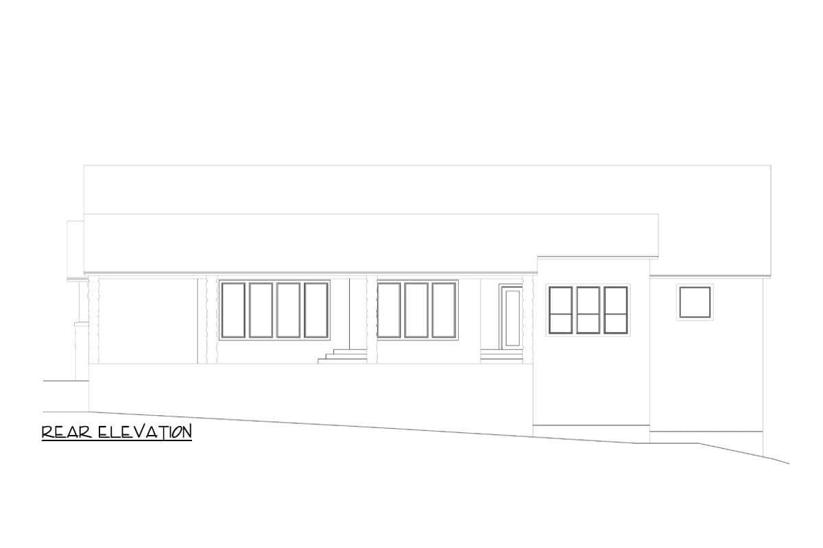 Rear elevation drawing of a single-story house plan with a covered porch, multiple window arrangements, and a sloped grade.