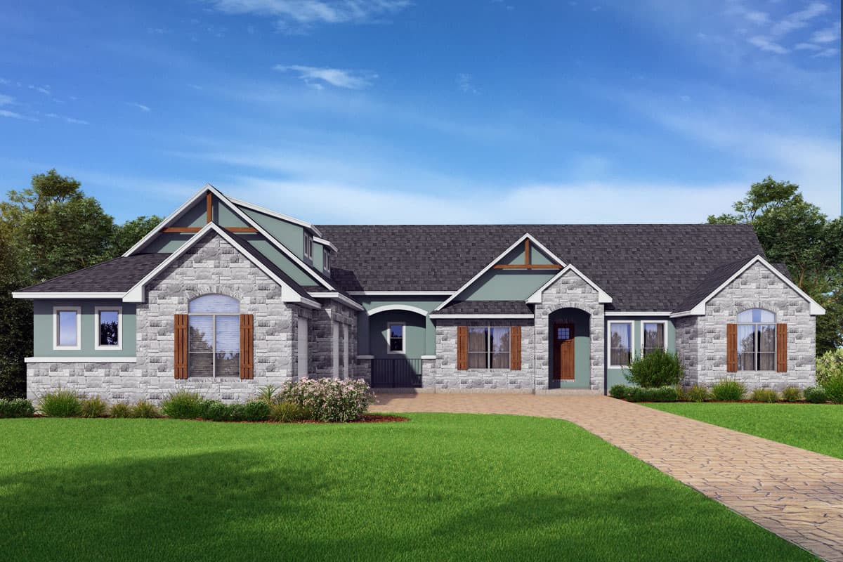House plan exterior with stone veneer, gabled roof, and arched entry. Features include wood shutters, multiple dormers, and a pathway.