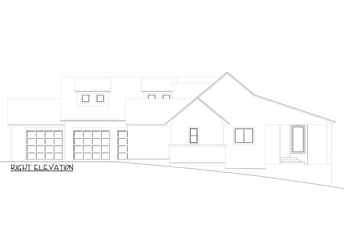 Right elevation house plan drawing showing a two-car garage, dormers, gabled roof sections, and a covered porch.