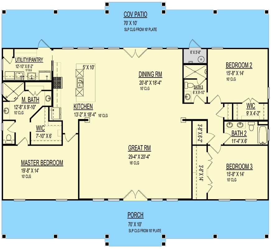 Plan 264153KMD: 3-Bed Traditional Ranch House Plan with Vaulted Great Room - 2800 Sq Ft - Floor Plan - Main Level - Ranch, Traditional