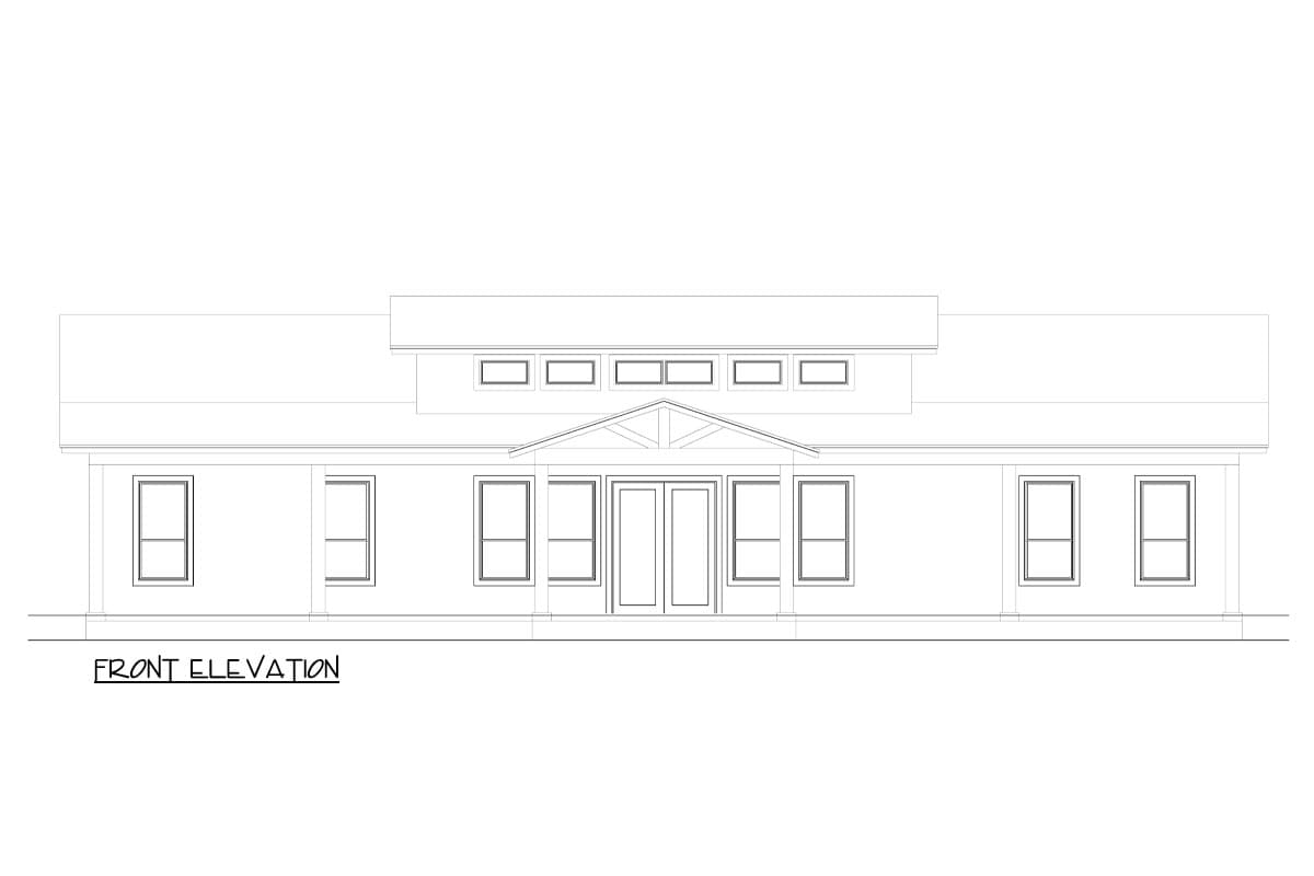 Front elevation drawing of a single-story house with a central gabled entryway and clerestory windows.