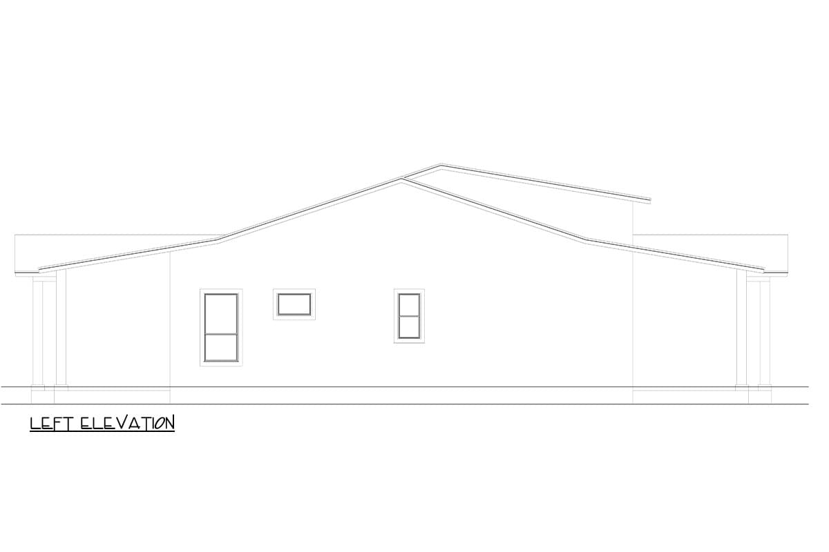 Left elevation drawing of a single-story house plan with a hip roof, gable end, and three windows.