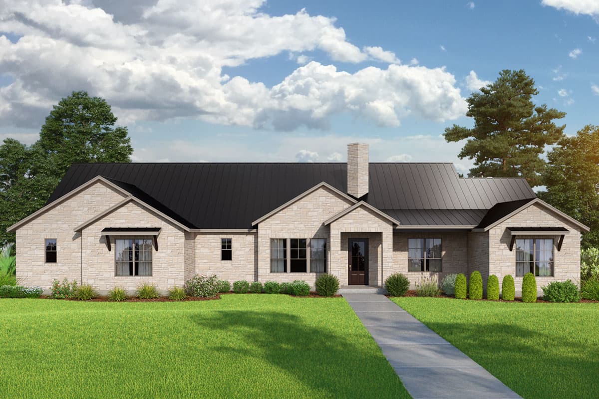 House plan exterior. One-story Ranch style home with gabled roof, stone veneer, and a central chimney. Features include awning over a window.