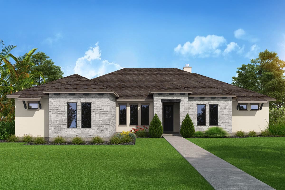 House plan exterior. Single-story Ranch style home with stone veneer and a hipped roof. Features include a covered entry and multiple gabled sections.