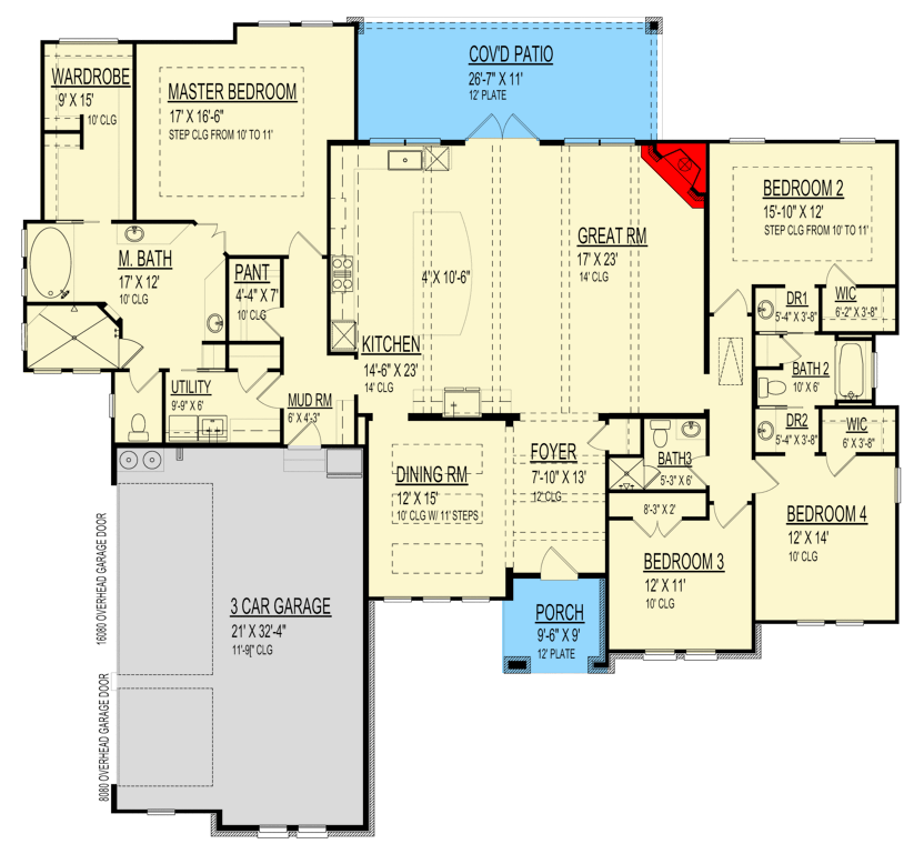 Plan 264156KMD: Single-Story Southwest Ranch House Plan with Jack & Jill Bath - 2824 Sq Ft - Floor Plan - Main Level - Ranch, Southwest