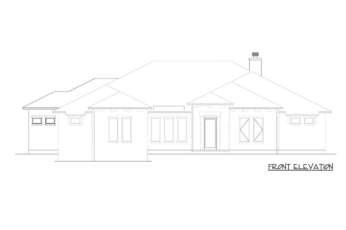 Front elevation drawing of a single-story house plan with a prominent gable, multiple windows, and a chimney.