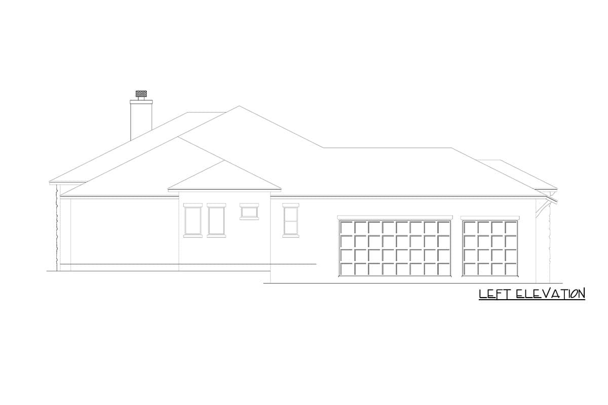 Left elevation of a house plan showing a single-story design with a chimney, multiple windows, and a three-car garage.
