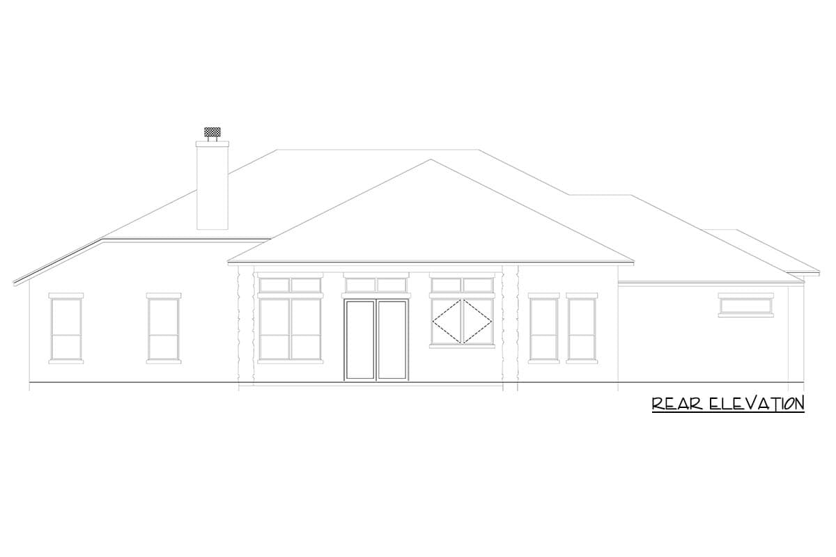 Rear elevation of a house plan, featuring a chimney, multiple windows, and double doors.