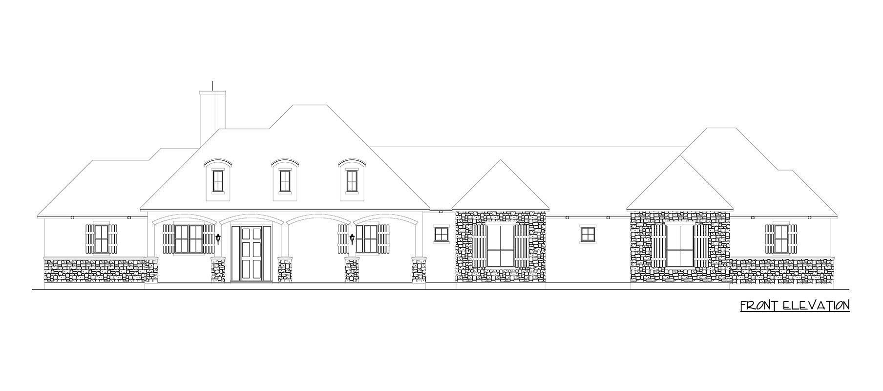 Front elevation drawing of a single-story house plan with stone accents, arched entry porch, dormers, and a prominent hip roof.