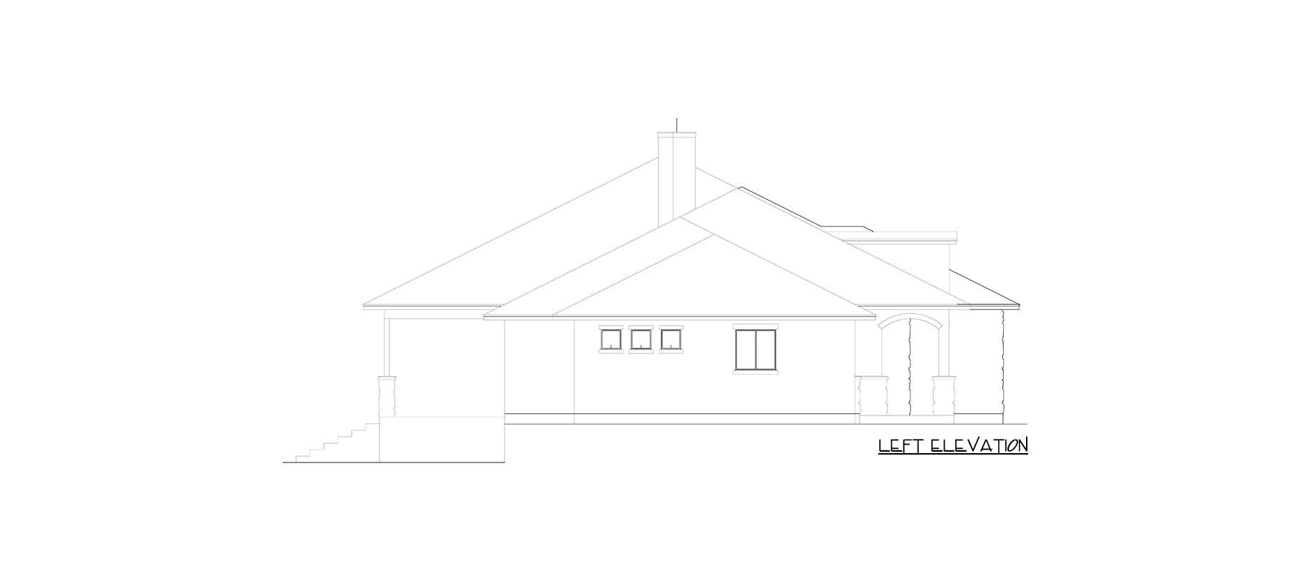 Left elevation drawing of a single-story house plan with a covered porch, gabled roof, and arched entry.