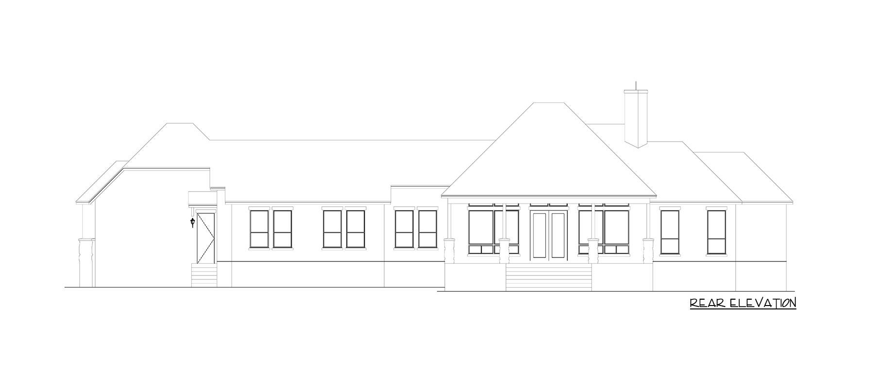 Rear elevation drawing of a single-story house plan with multiple gables, a covered porch with double doors, and several windows.