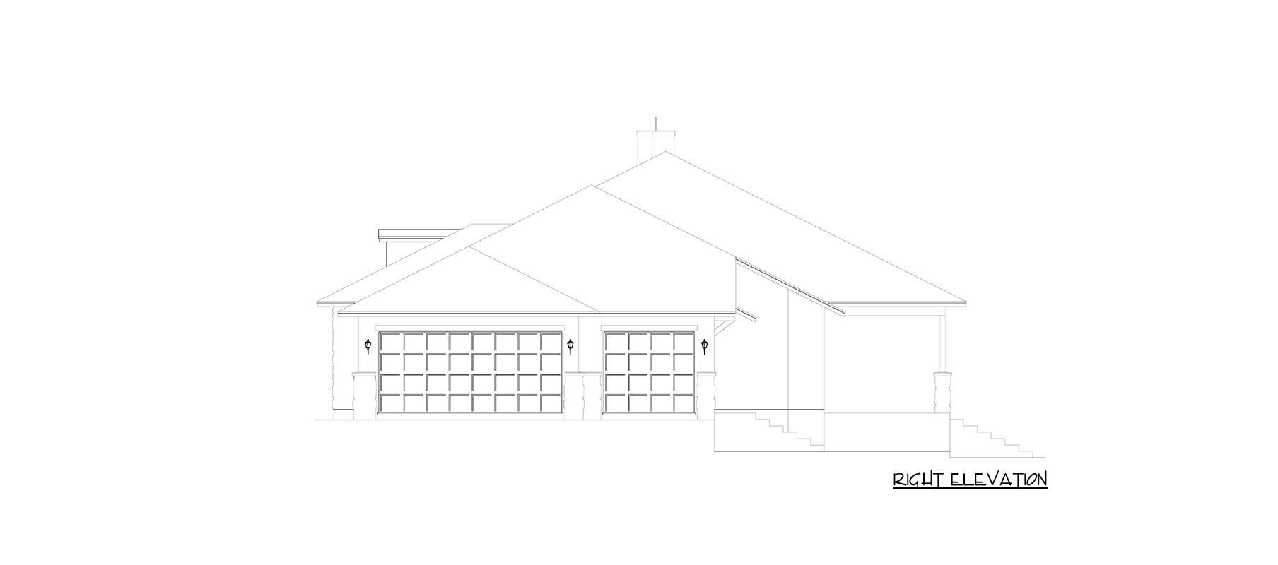Right elevation drawing of a house plan with a two-car garage, covered porch, and varied rooflines.