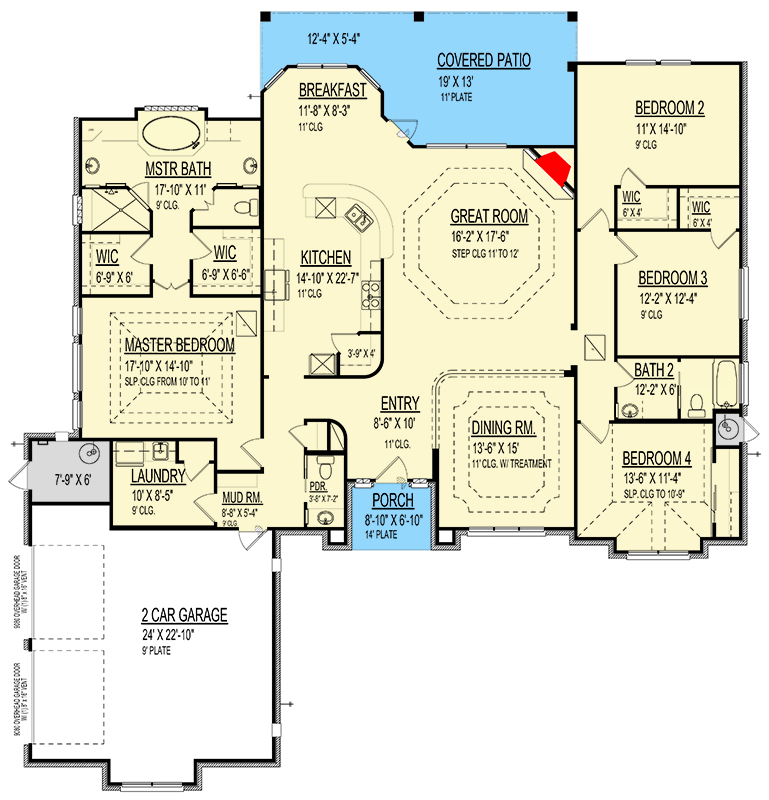 Plan 264164KMD: Single-Story European House Plan with Split Bedrooms - 2916 Sq Ft - Floor Plan - Main Level - European, Southern, Traditional