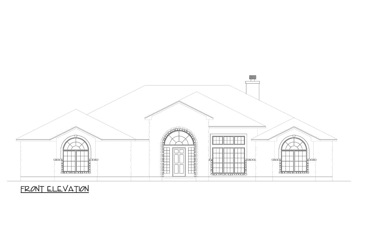 Front elevation drawing of a single-story house with arched entry, symmetrical window placement, and a gabled roofline.