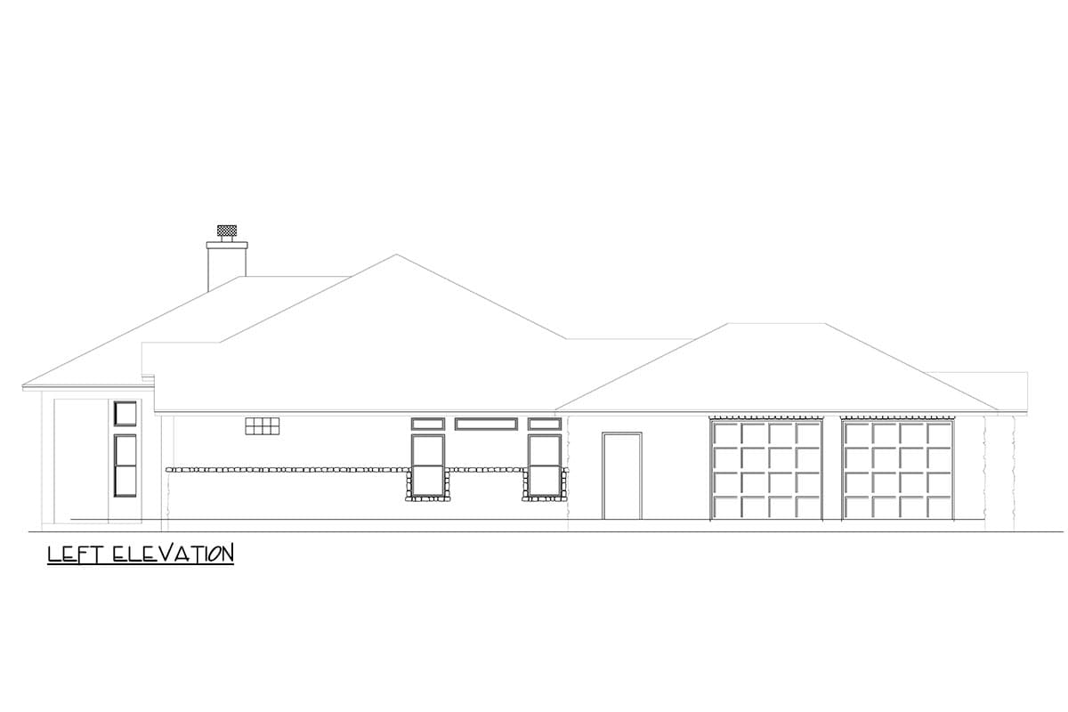 Left elevation of a house plan showing a single story, hip roof, chimney, and multiple windows.