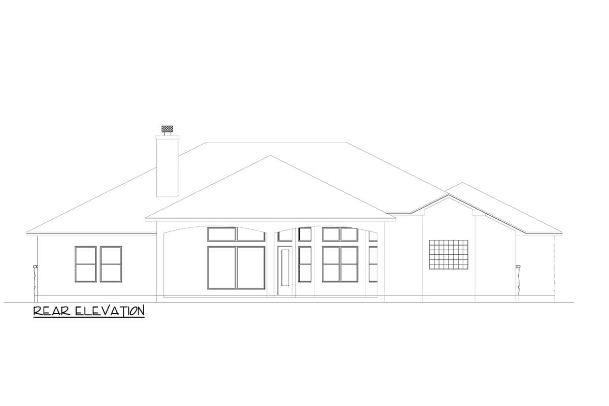 Rear elevation house plan featuring a gabled roofline, central covered porch with arched openings, and multiple windows.