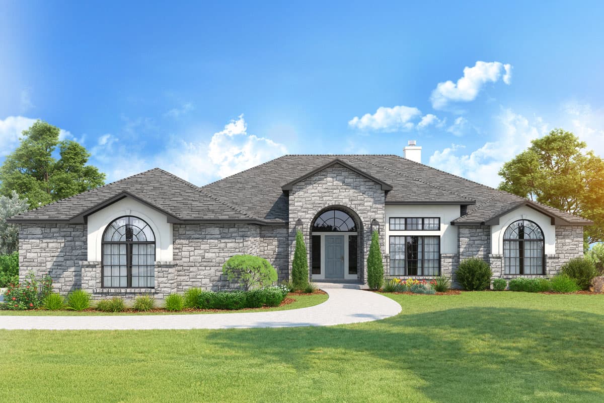 House plan exterior with stone veneer facade, arched entry, and gabled roof. Features arched and rectangular windows and a winding walkway.