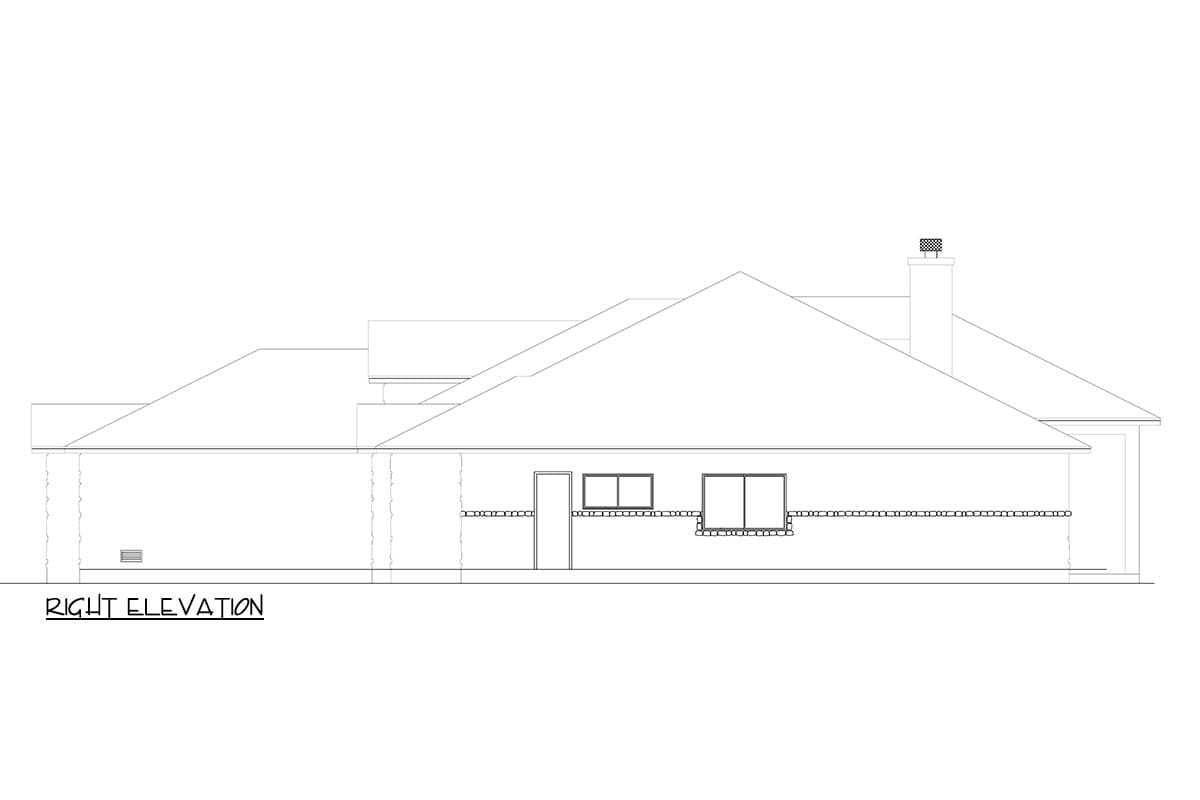 Right elevation of a house plan showing a hip roof, chimney, door, and windows.