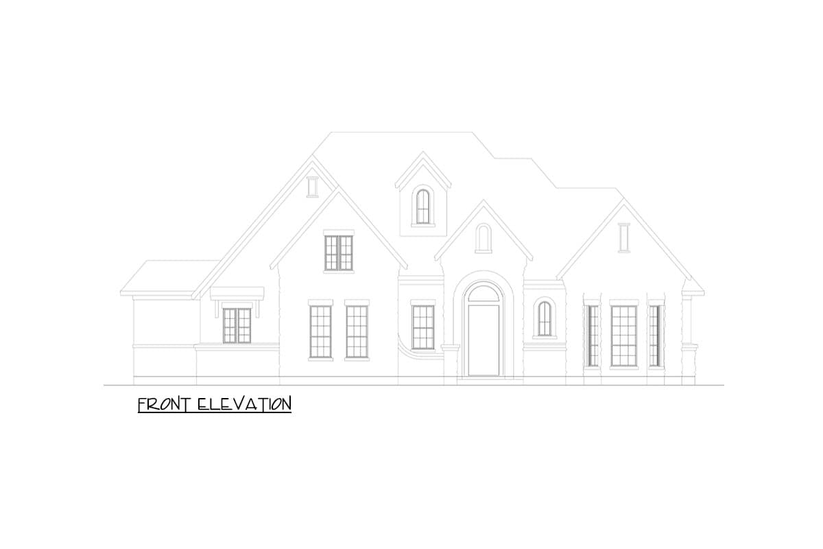 Front elevation drawing of a two-story house with a prominent arched entryway, multiple gables, and a dormer.