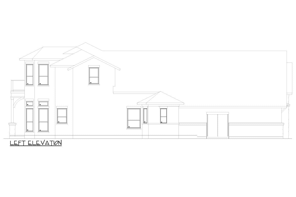 Left elevation drawing of a two-story house plan with multiple gables, a covered balcony, and numerous windows.
