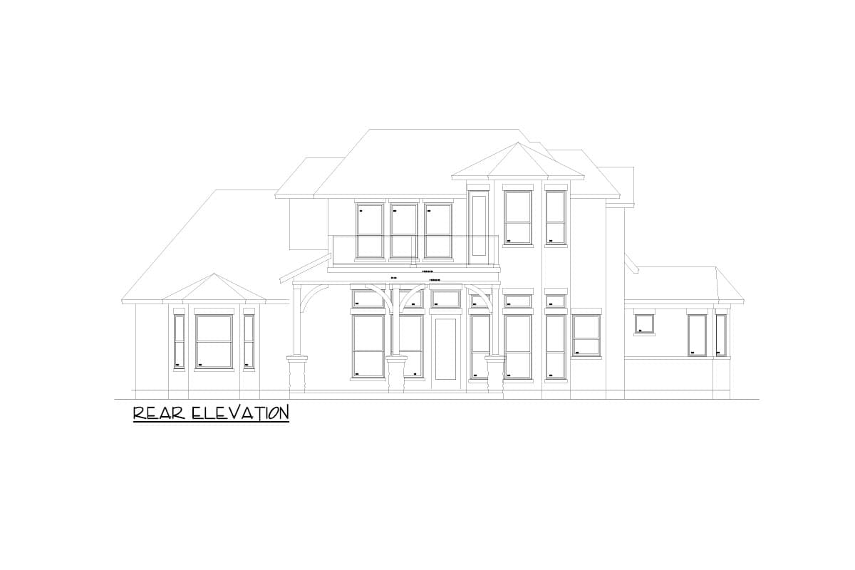 Rear elevation drawing of a two-story house plan with multiple gables, a second-story balcony, and a covered rear porch with arched supports.