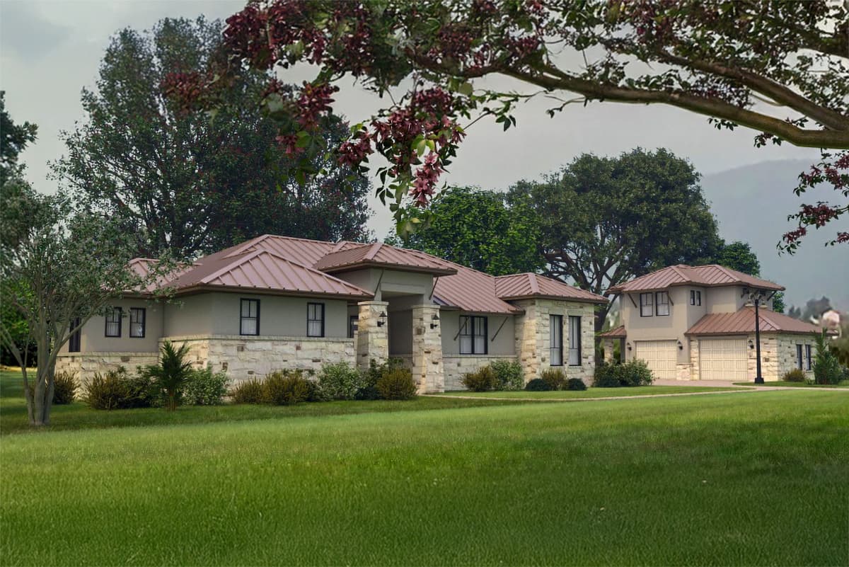 House plan exterior. Two-story, Contemporary style with stone accents. Features include a covered entry, gabled roof, and attached garage.