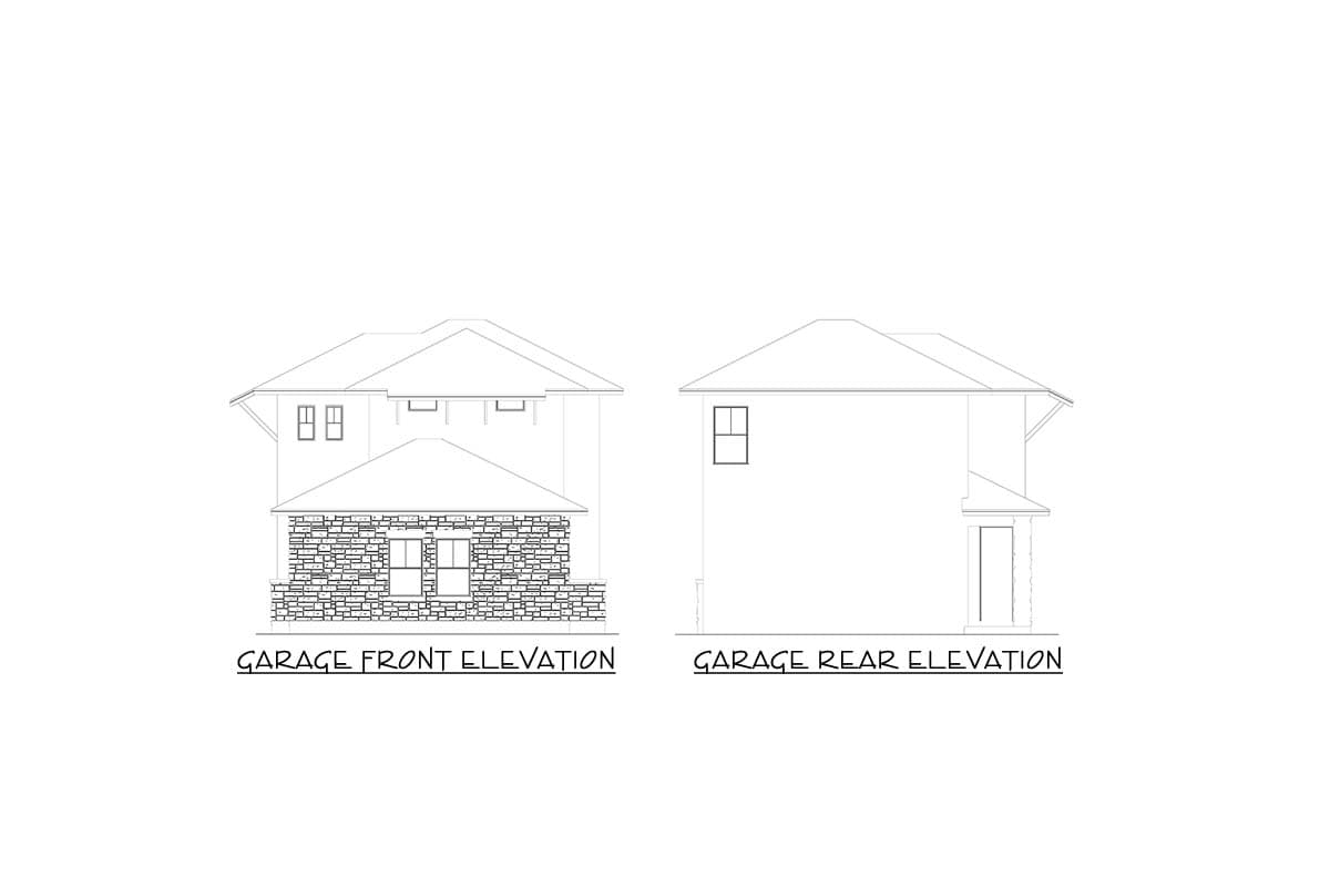 Garage front elevation shows stone veneer base, two windows, and hip roofline. Garage rear elevation shows a single window and covered entrance.