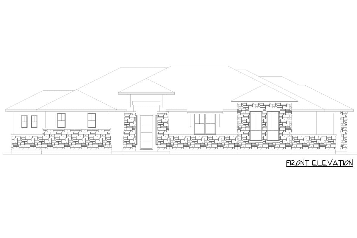 Front elevation of a single-story house plan with stone accents, a prominent entry with covered porch, and multiple gables.
