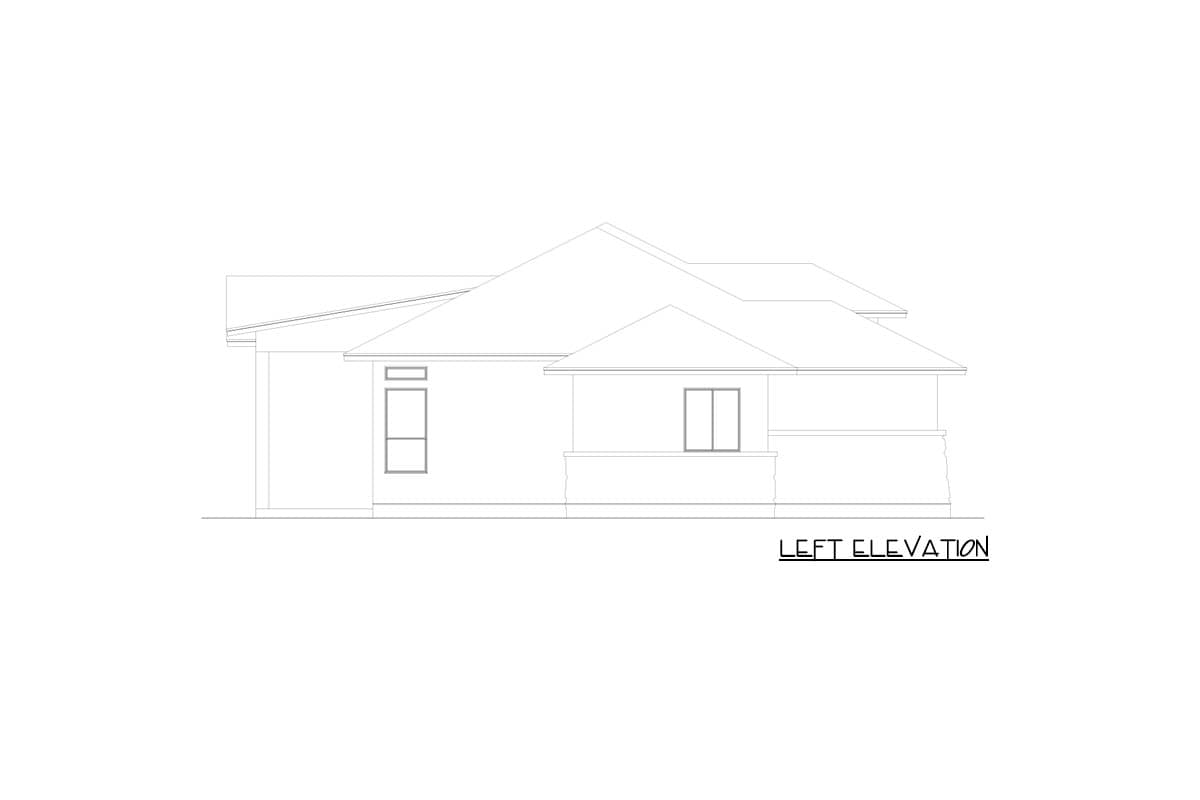 Left elevation drawing of a one-story house plan with multiple rooflines and two windows.