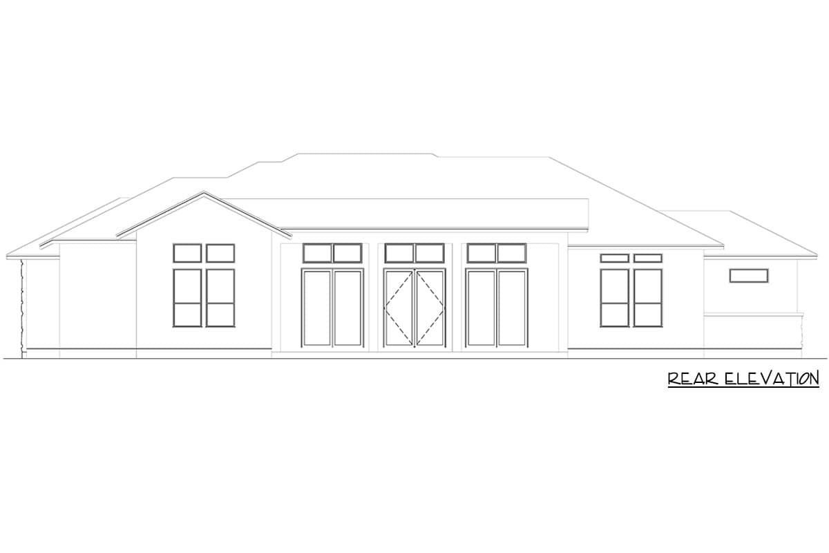 Rear elevation drawing of a one-story house plan featuring a central bank of three doors and windows, flanked by additional windows.