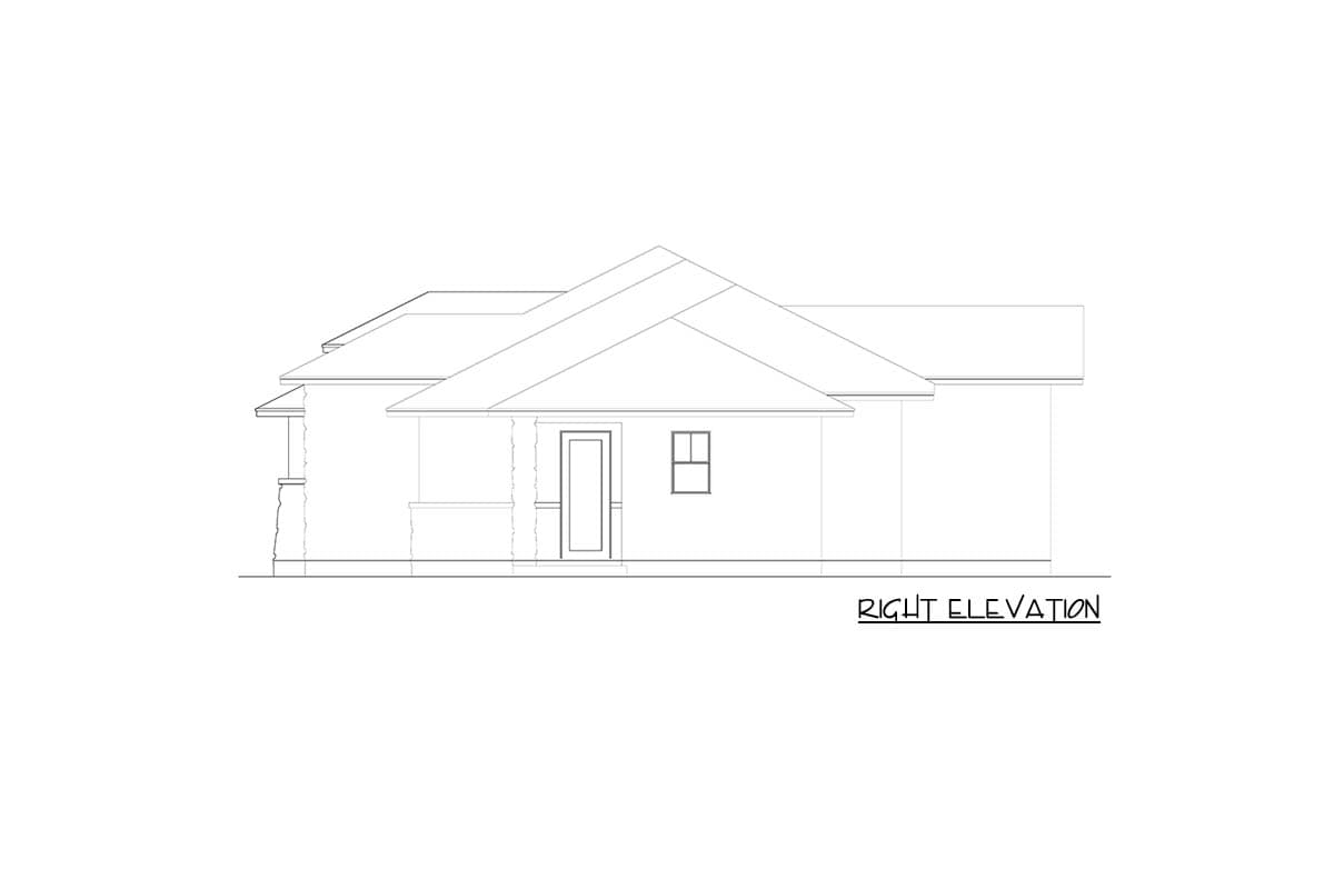 Right elevation drawing of a single-story house plan with a prominent gable roof and a small covered entry.
