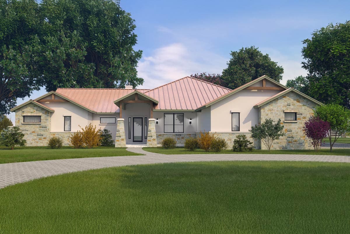 House plan exterior. Single-story with stone facade accents, metal roof, and covered entry porch with columns.