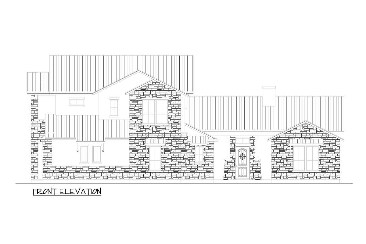 Front elevation drawing of a two-story house plan with stone accents, multiple gables, and a metal roof.