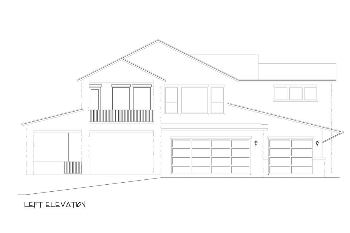 Left elevation house plan drawing showing a two-story home with a balcony, multiple windows, and a three-car garage.