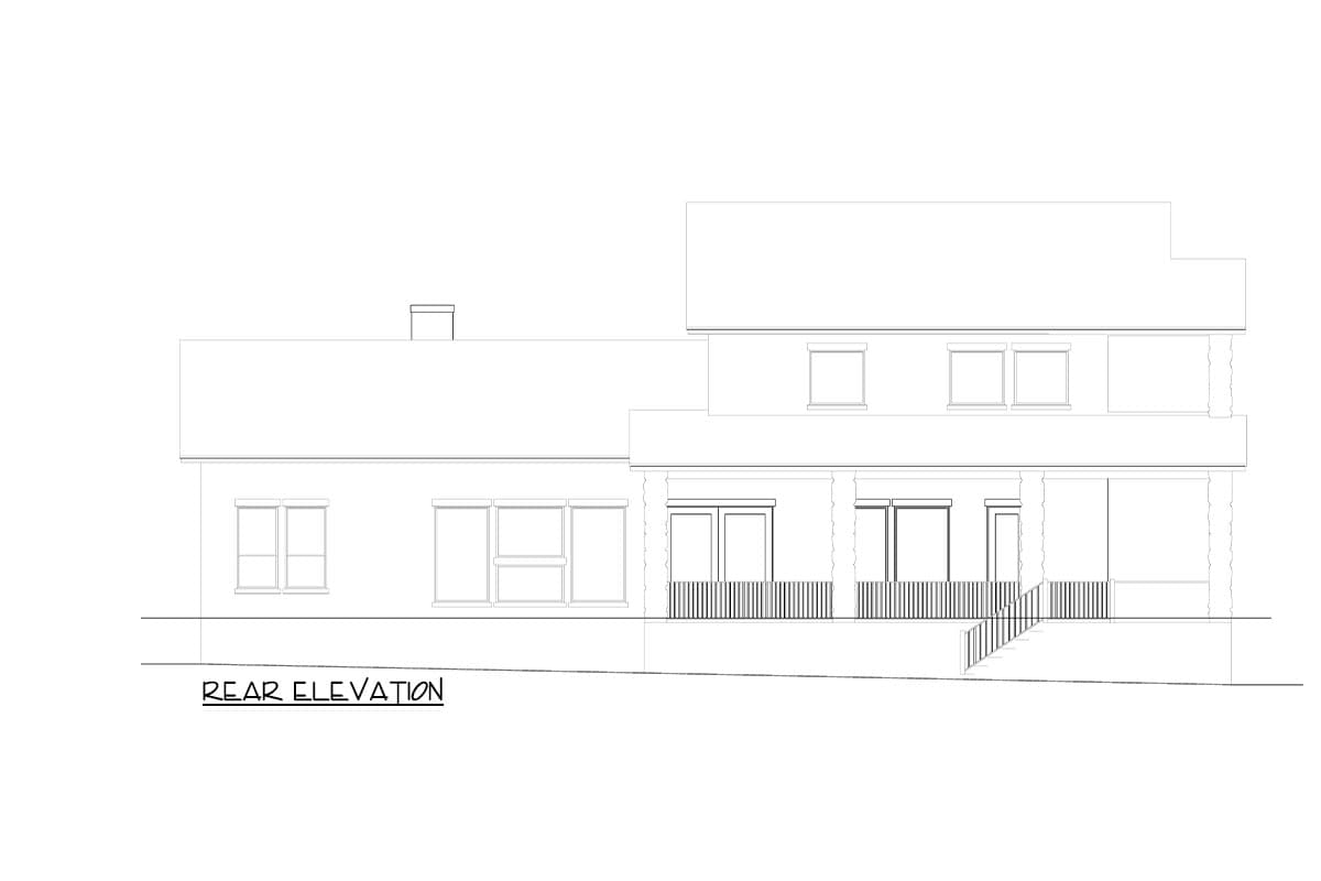 Rear elevation drawing of a two-story house plan with a hip roof, chimney, multiple windows, and a covered porch with railings and stairs.
