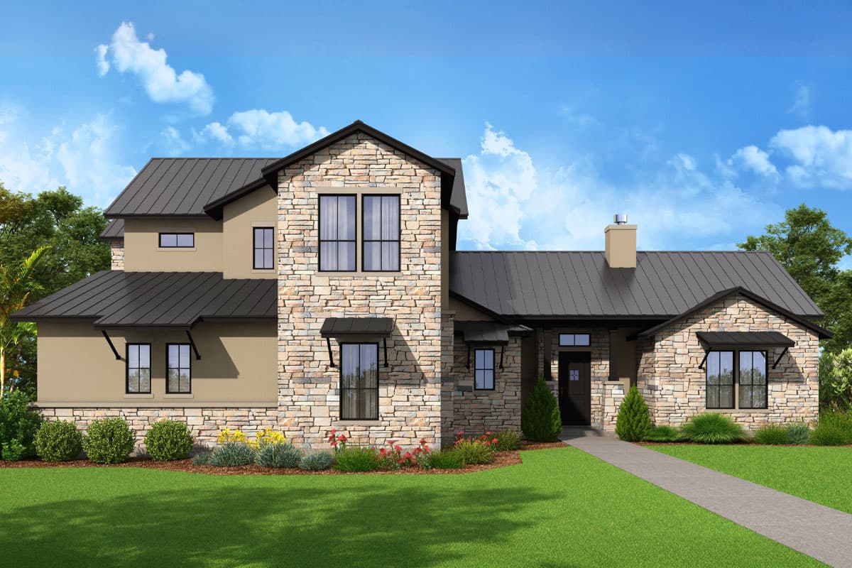 House plan exterior with stone veneer, dark metal roof, and shed dormers. Two-story with an attached garage and front entry porch.