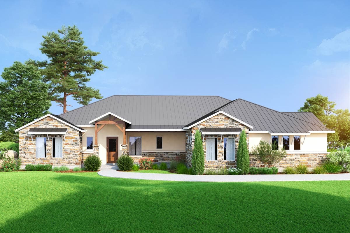 House plan exterior. One-story Ranch style home with stone accents, a covered front porch, and a standing seam metal roof.