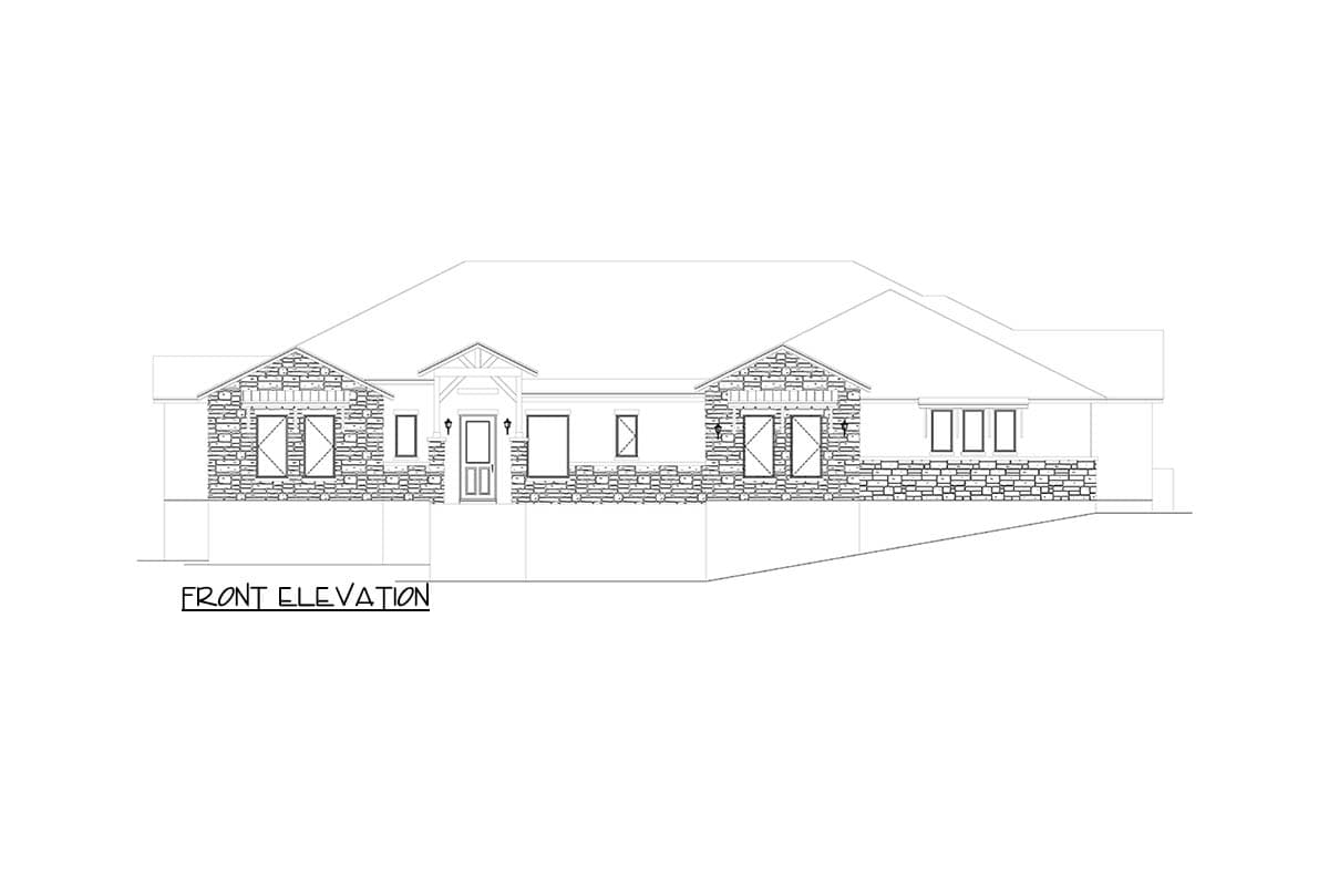Front elevation drawing of a single-story house plan with stone accents, a covered entry, and multiple gables.