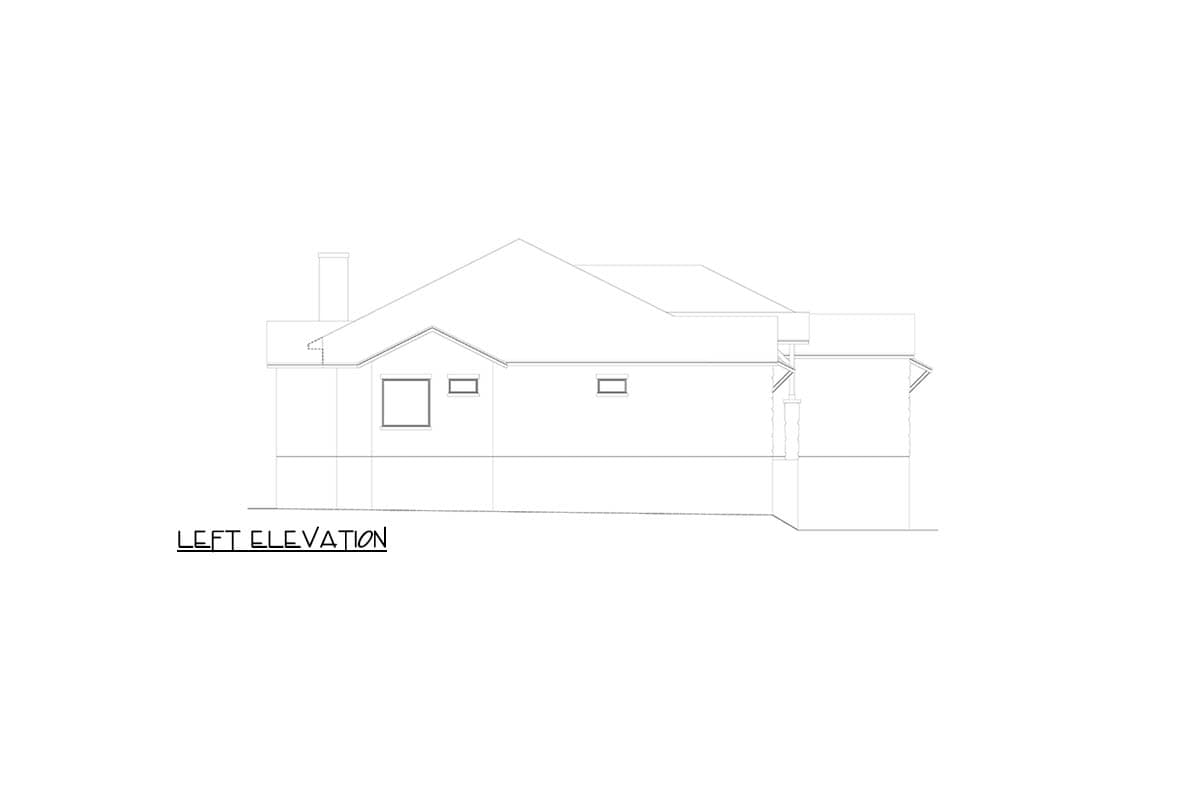 Left elevation drawing of a house plan showing a chimney, rooflines, and windows.