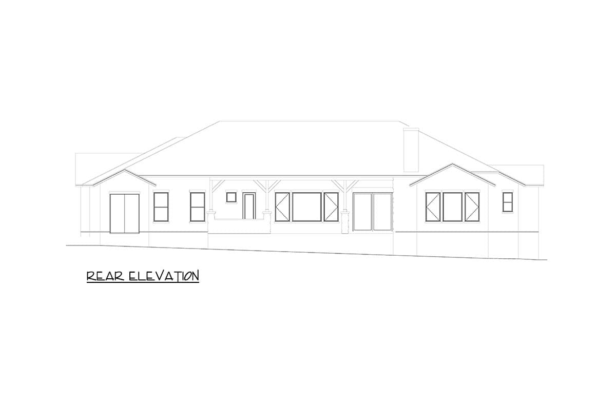 Rear elevation drawing of a house plan featuring a covered porch, multiple windows, and sliding doors.