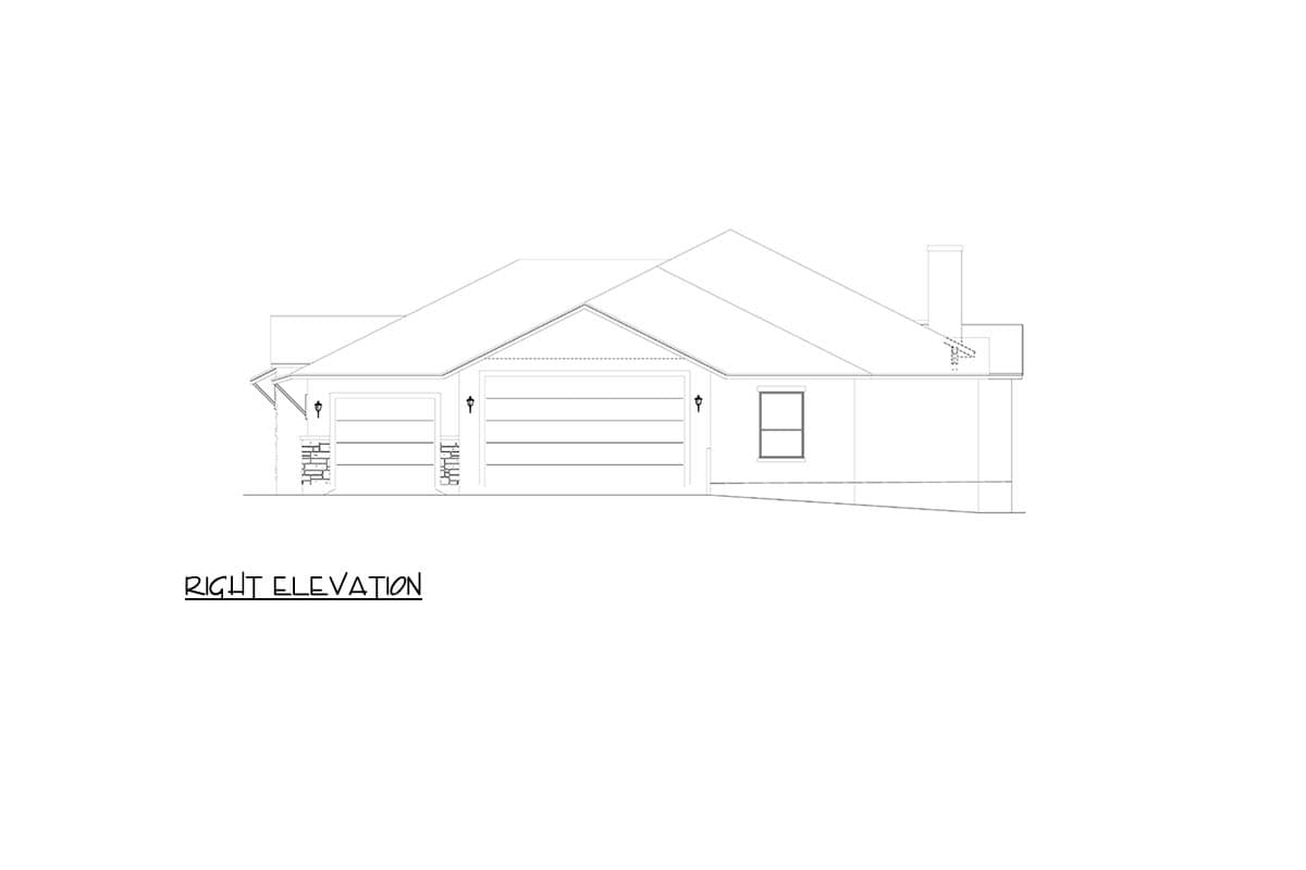 Right elevation drawing of a house plan with a two-car garage, one window, and a gable roof.