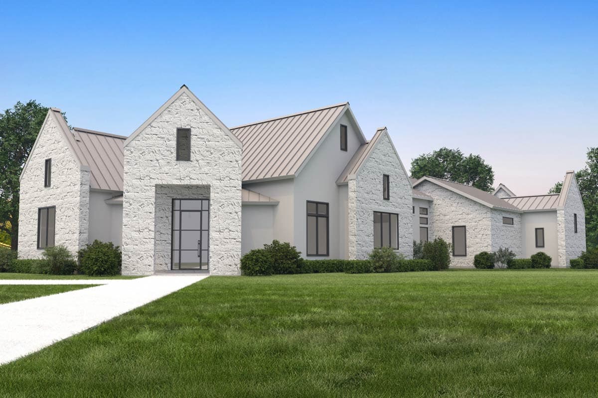 House plan exterior with stone veneer, multiple gabled rooflines, and a covered entry. Features include metal roof and narrow windows.