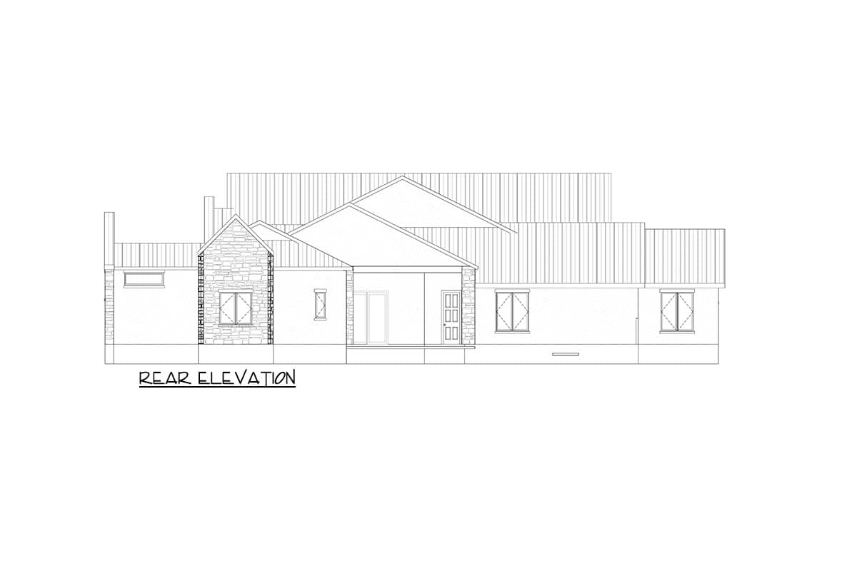 Rear elevation house plan with stone accents, multiple gables, dormers, and a pitched roof.