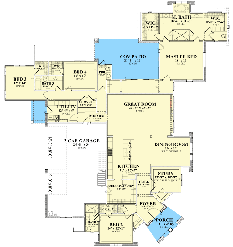 Plan 264176KMD: Elegant 4-Bedroom European House Plan with Home Office & Scullery - Floor Plan - Main Level - European