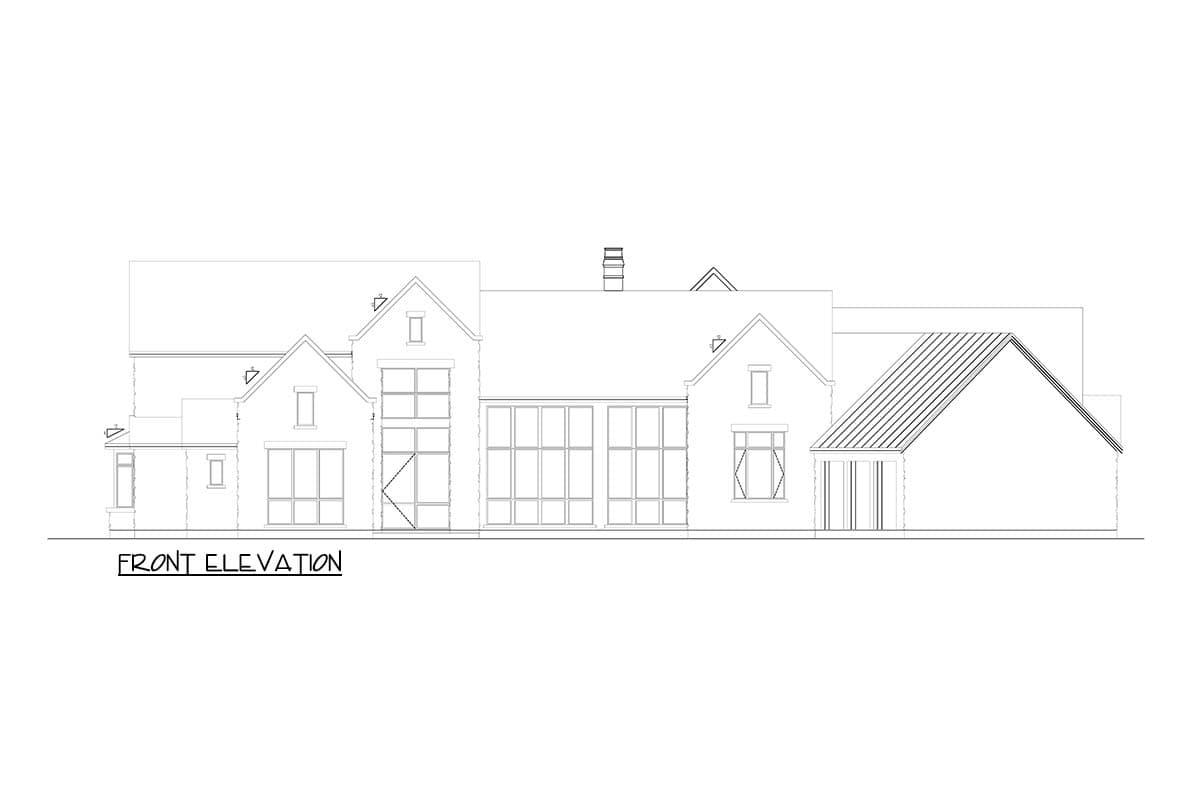 Front elevation drawing of a large house plan featuring multiple gables, a prominent chimney, and extensive window arrangements.
