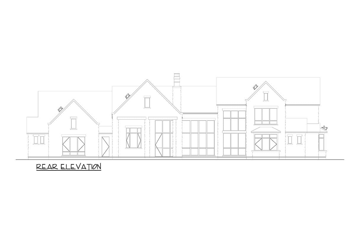 Rear elevation house plan showing varied window sizes, gables, dormers, chimney, and rooflines.