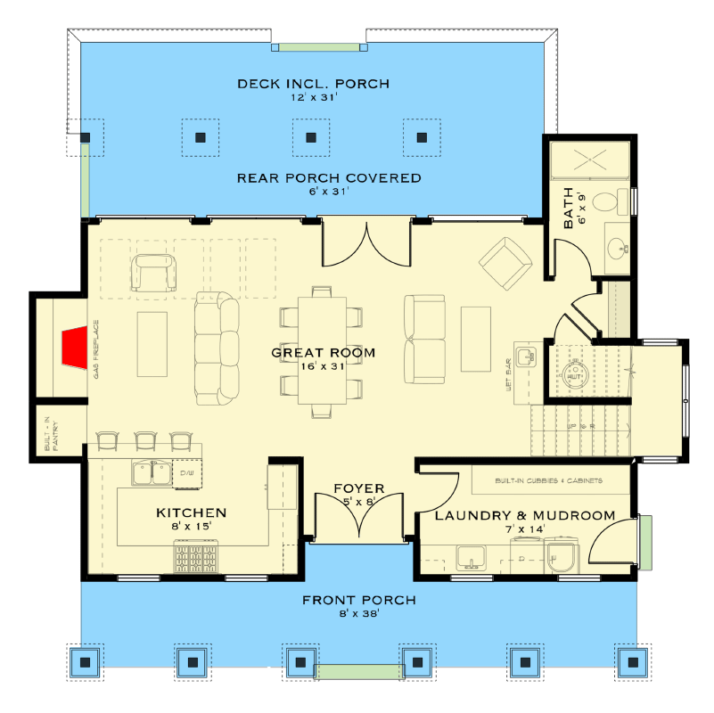 Plan 147010RML: 2-Story Bungalow Country Home Plan with U-Shape Kitchen - 2127 Sq Ft - Floor Plan - Main Level - Bungalow, Cottage, Country