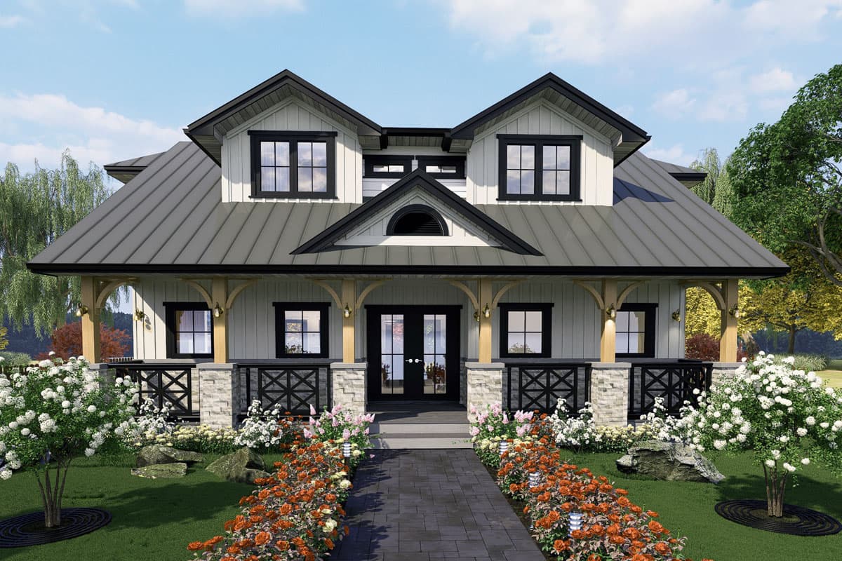 House plan exterior with board and batten siding, two stories, front porch, dormers, and metal roof.