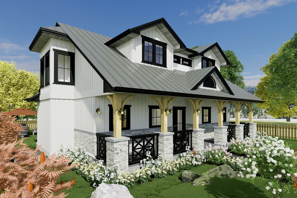 Modern Farmhouse house plan exterior with standing seam metal roof, board and batten siding, stone foundation, and covered porch with timber posts.