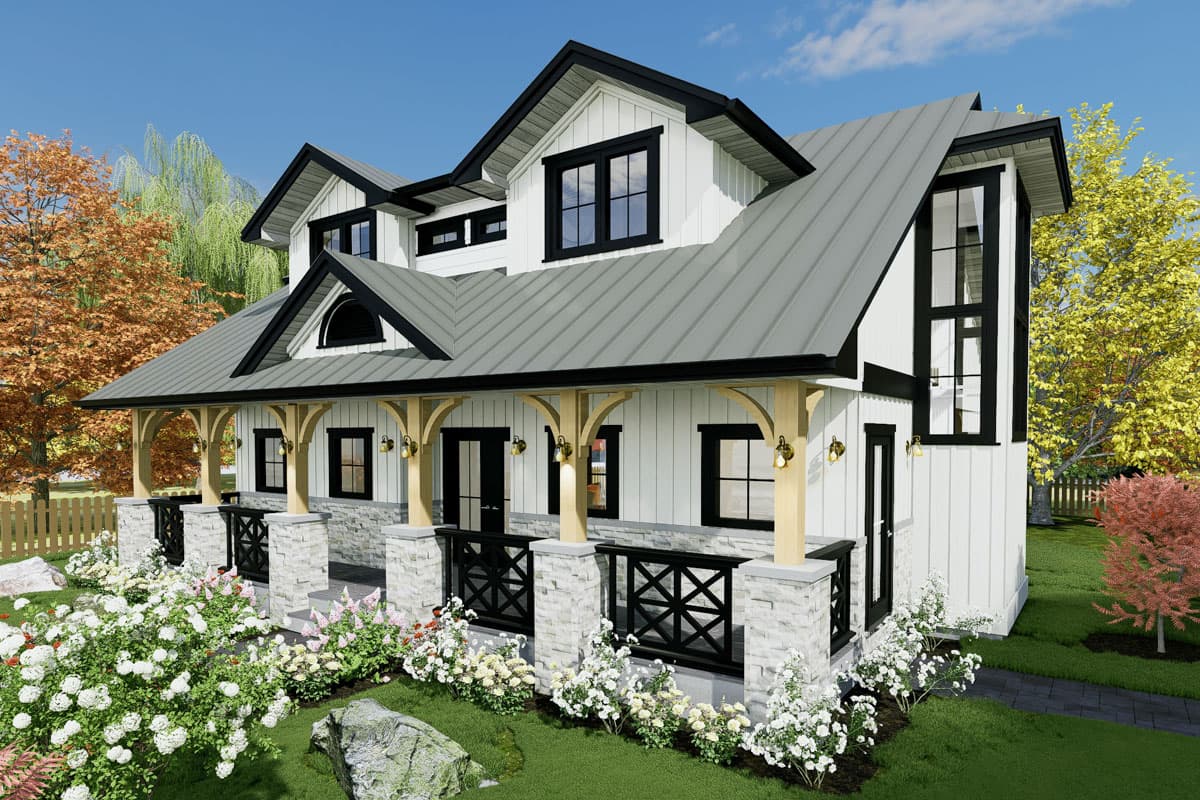 Modern Farmhouse house plan exterior with a wraparound porch, metal roof, board and batten siding, and stone accents.